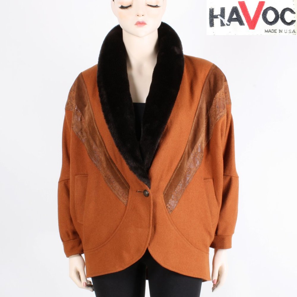 14 L Vintage 90s HAVOC Cognac Wool Faux Fur Batwing Cocoon Oversized Coat 80s